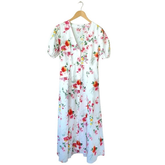 ZARA White Floral Linen Blend Midi Maxi Dress Puff Sleeve Medium - Picture 6 of 11